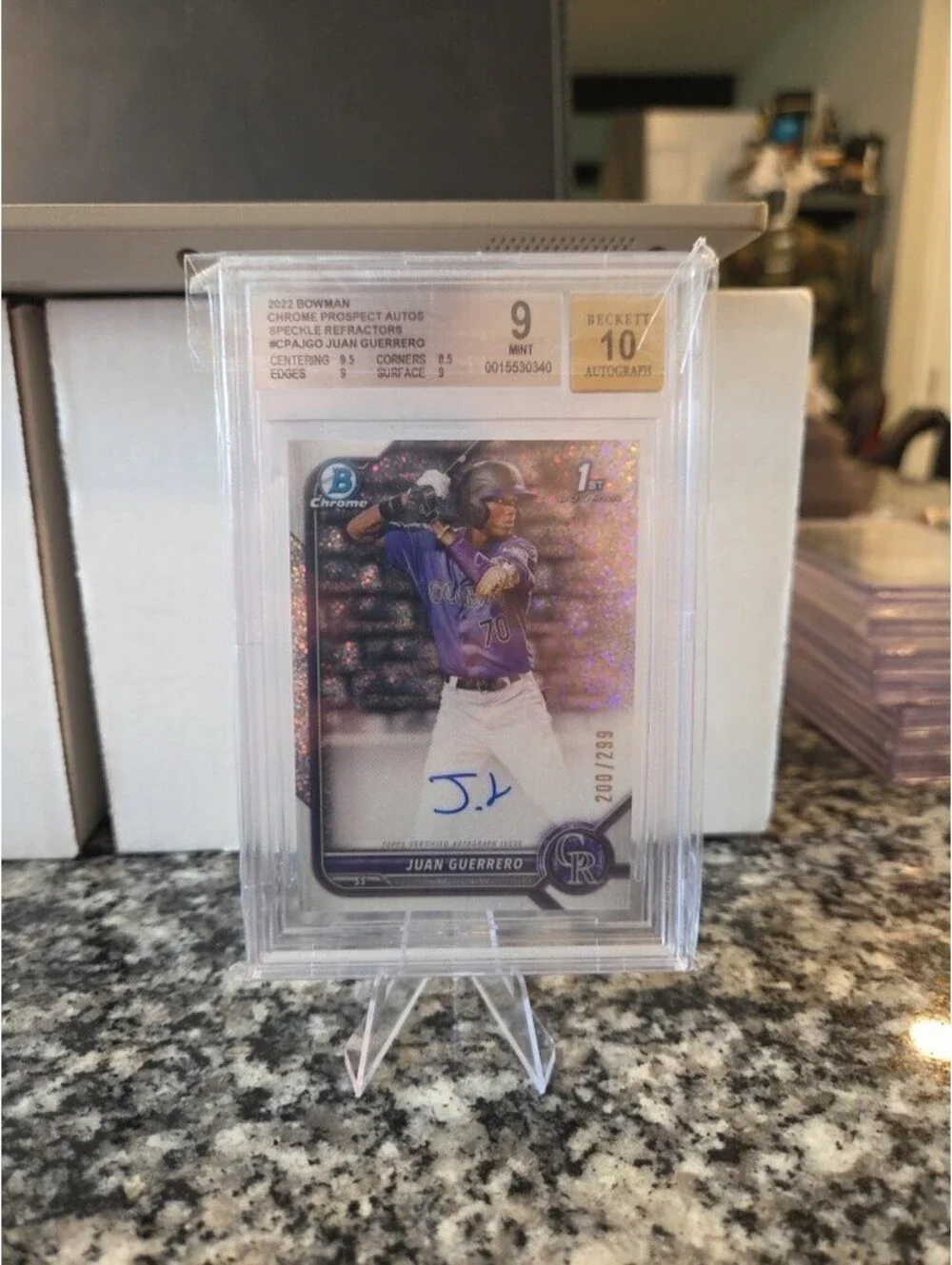 2022 Bowman Chrome Prospect Speckle Refractor /299 Juan Guerrero BGS 9 10 AUTO
